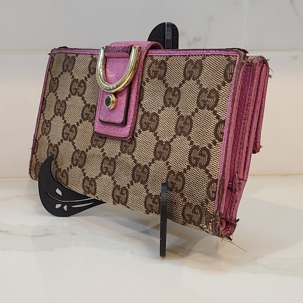Vintage Gucci Abbey GG Horsebit Monogram Long Wallet Fuchsia Leather Trim Fair - Picture 3 of 15